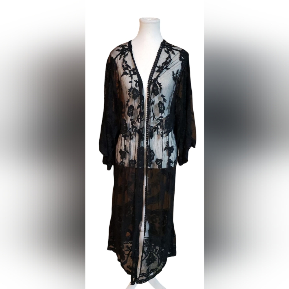 Women Cardigan Black floral embroidered mesh coverups XXL-XXXL, 63% Cotton